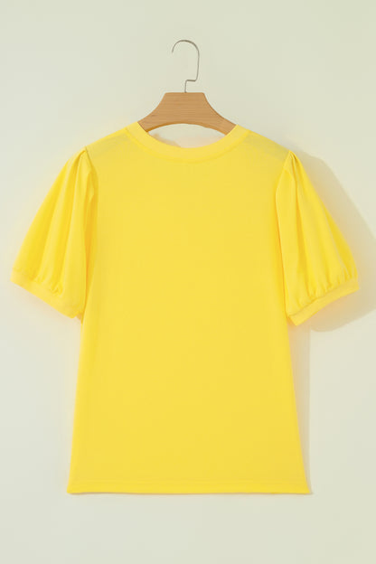 Solid V-Neck Short Puff Sleeve Blouse