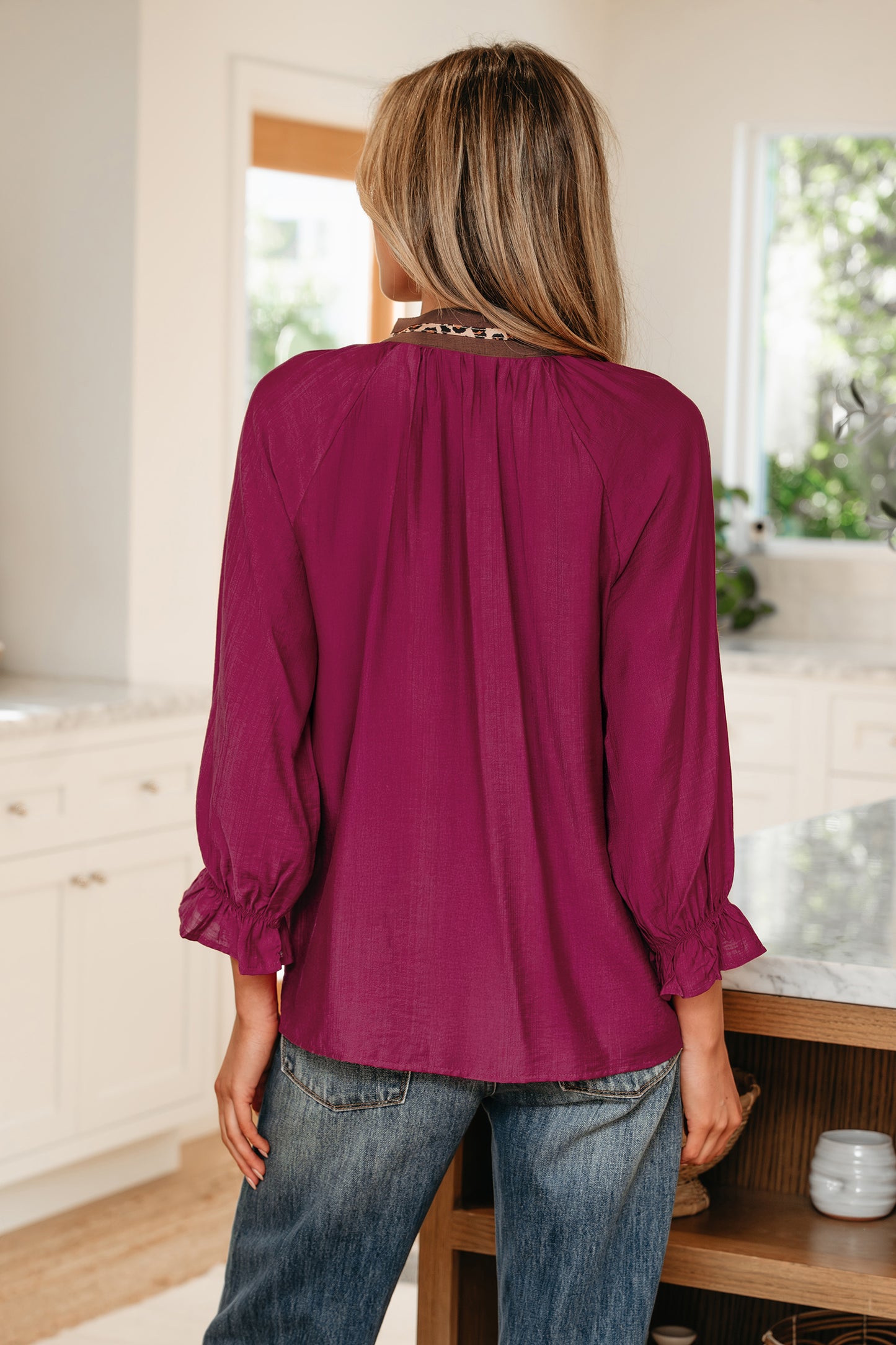 Leopard Trim Flounced  3/4 Sleeve V-Neck Blouse