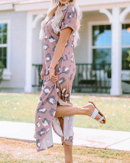 Leopard V-Neck T-Shirt Maxi Dress