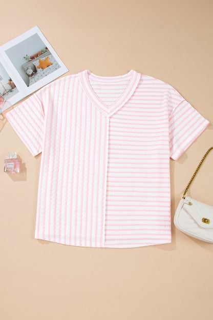 Plus Size Stripe Patchwork V-Neck T-Shirt