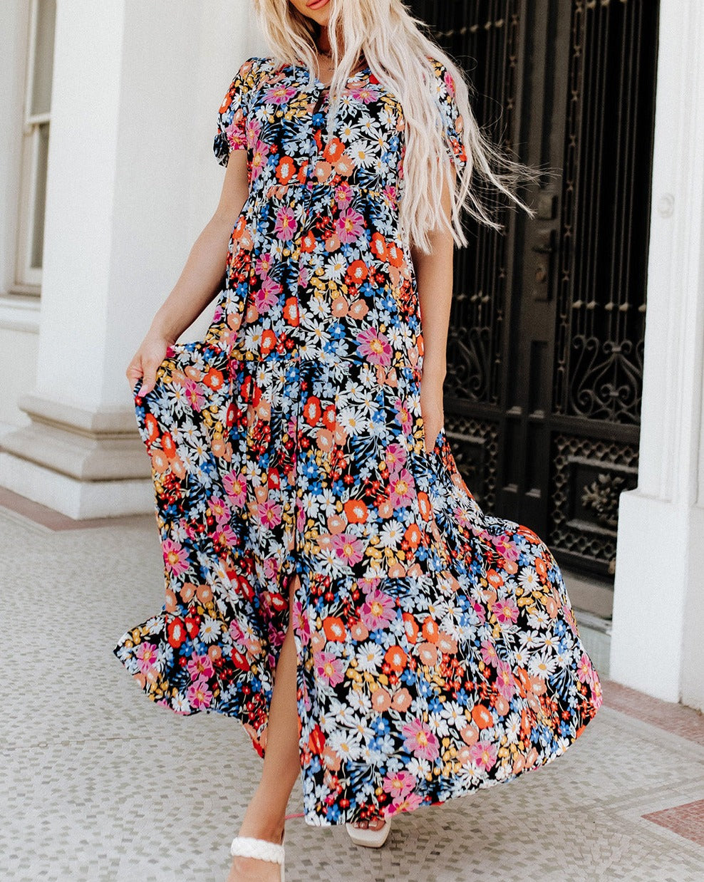 Floral V-Neck Tiered Maxi Dress