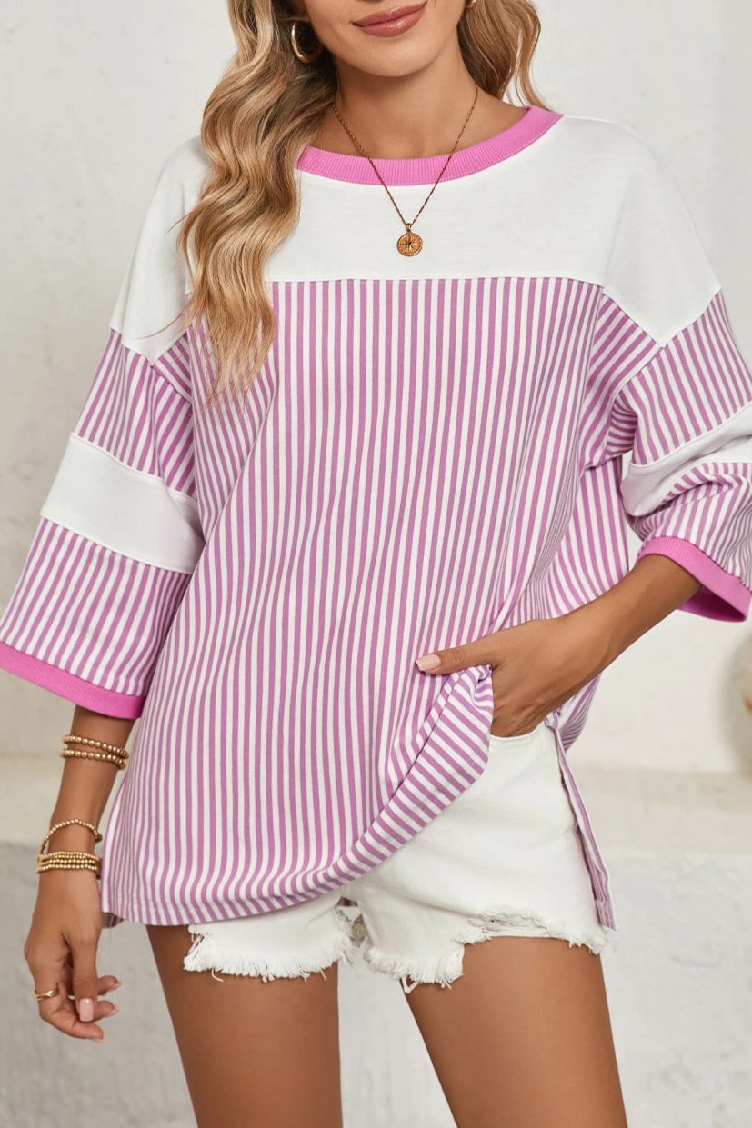 Stripe 3/4 Sleeve Oversize Top