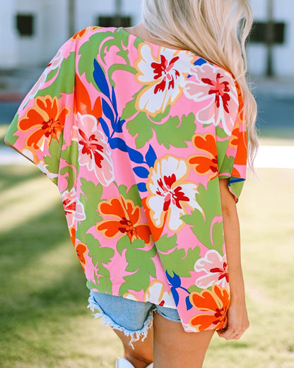 Floral Pleated V-Neck Short Sleeve Blouse