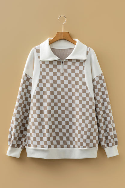 Checker Ribbed Patchwork Quarter Zip Sweatshirt