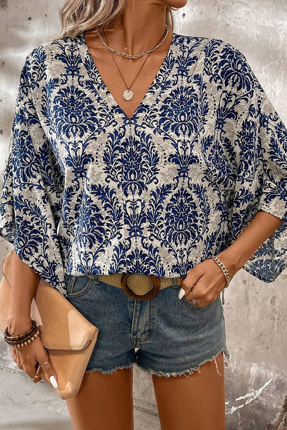 Floral 3/4 Sleeve V-Neck Blouse