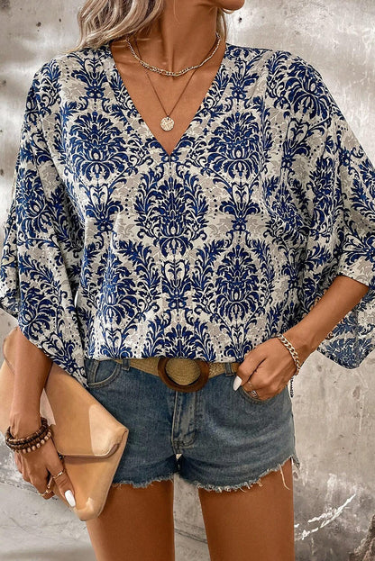 Floral 3/4 Sleeve V-Neck Blouse