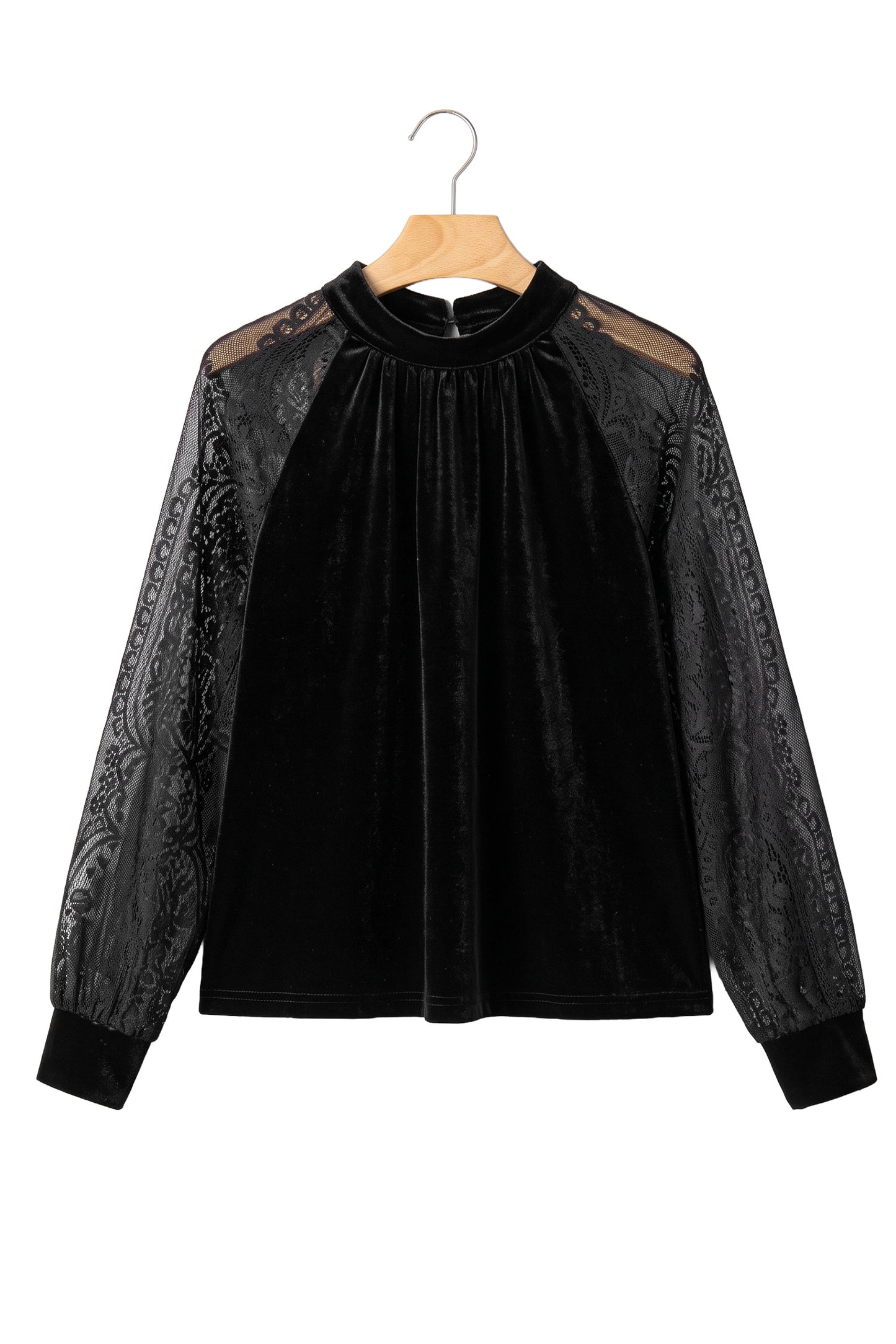 Solid Velvet Patchwork Sheer Lace Long Sleeve Blouse