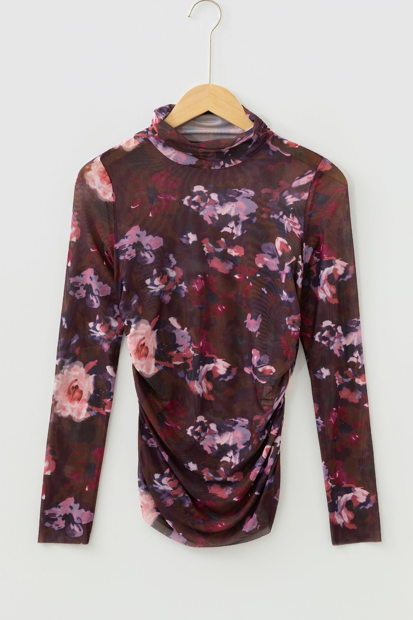 Floral Mesh Turtleneck Long Sleeve Ruched Top