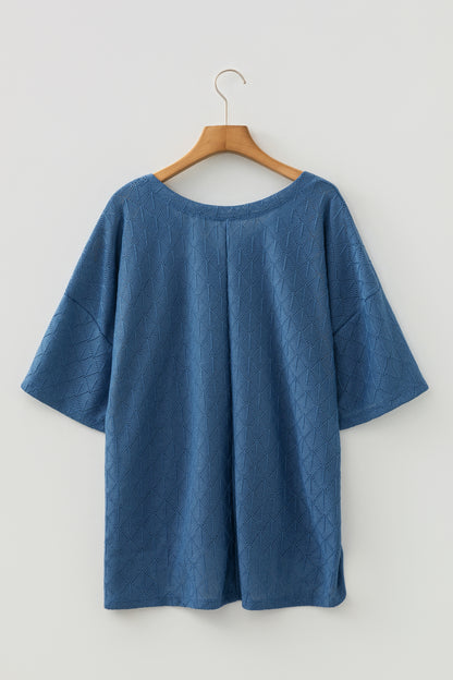 Plus Size Solid Pointelle Knit Rhombus V-Neck Top