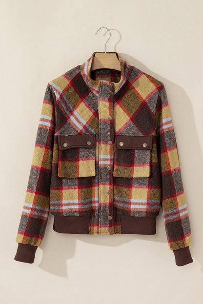 Plaid Button Stand Neck Jacket