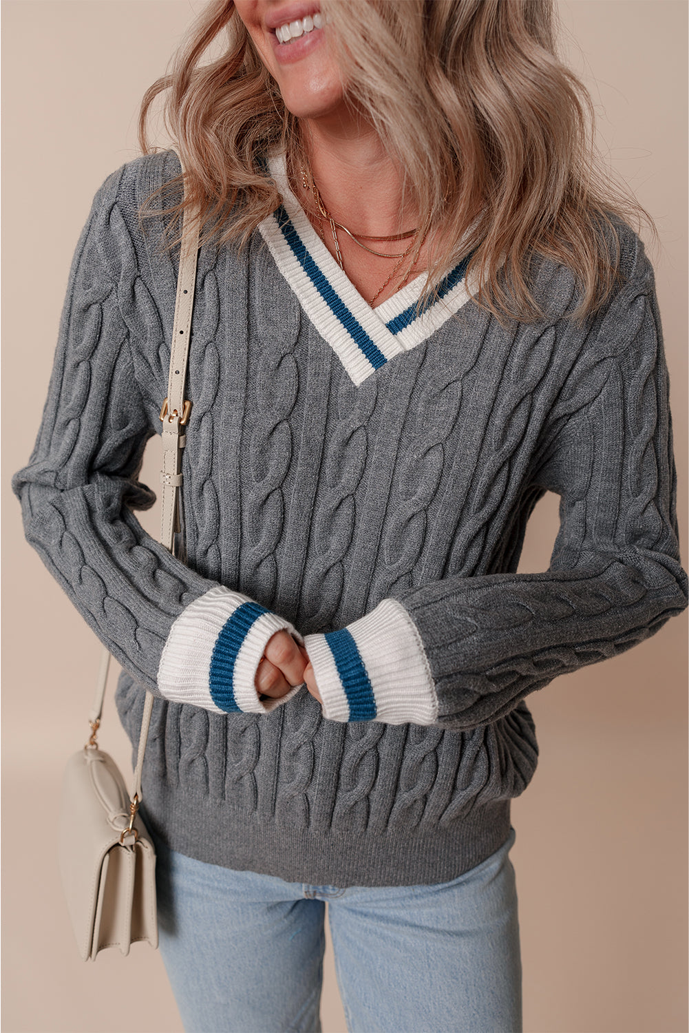 Contrast Ribbed Trim V-Neck Sweater