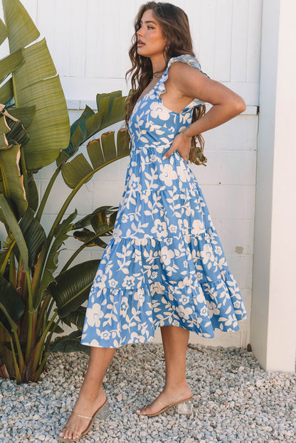 Floral Scoop Neck Tiered Flowy Midi Dress