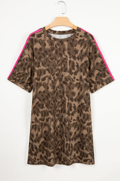 Leopard Contrast Stripe Mini T-Shirt Dress w/ Pockets