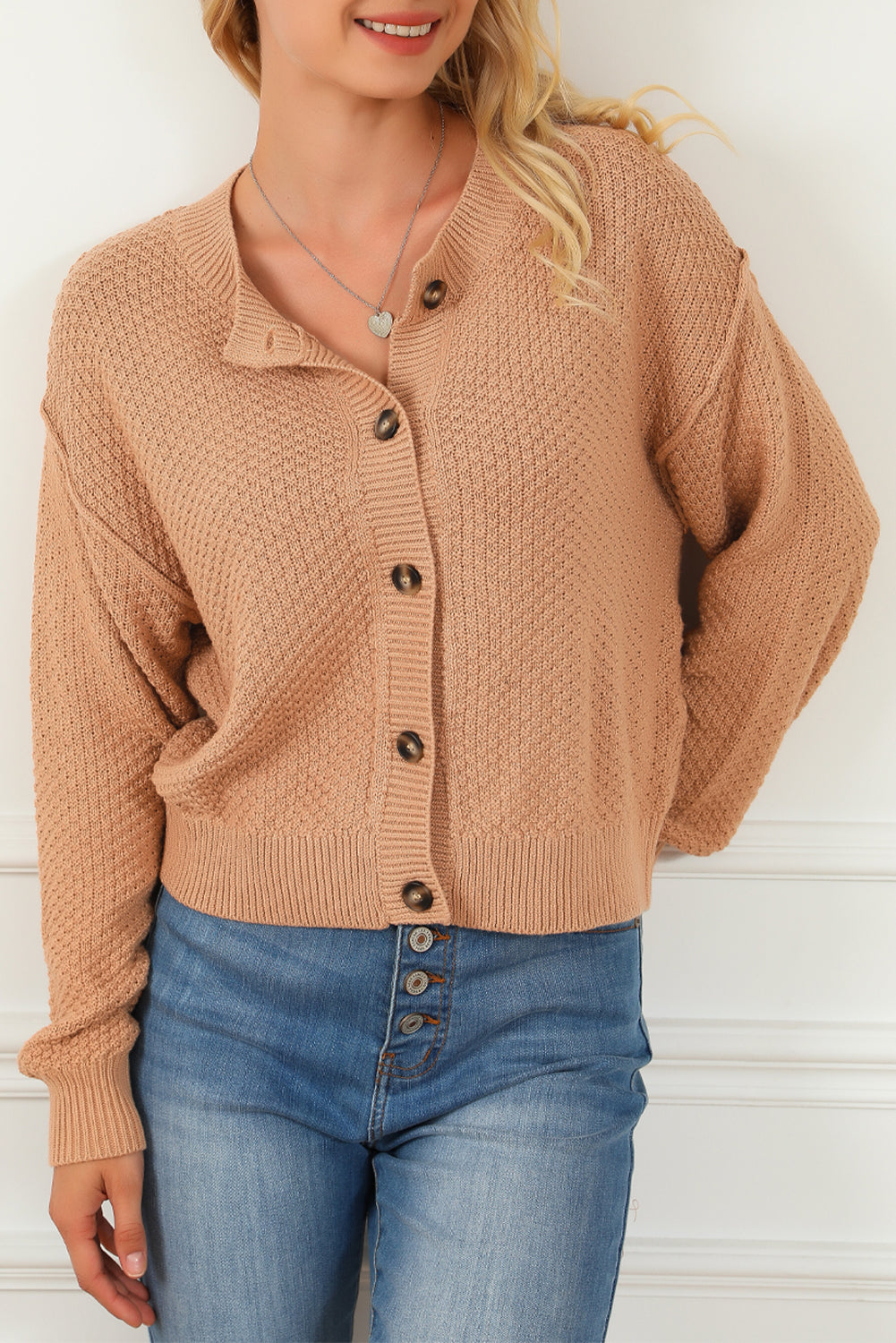 Ribbed Trim Button Front Cardigan