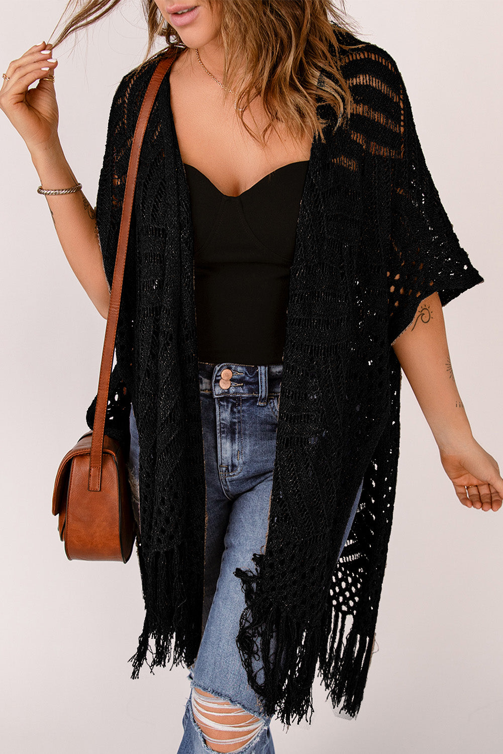 Hollowed Knit Side Slit Kimono