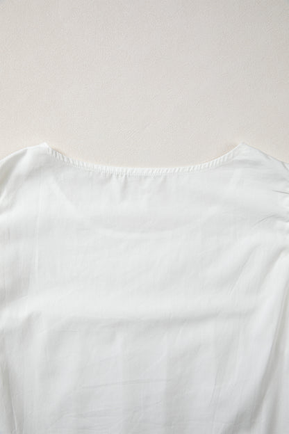 Lace Flutter Sleeve Pleated Round Neck Blouse