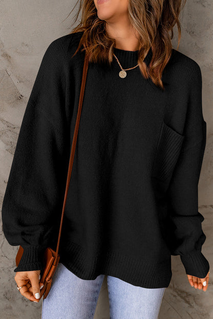 Puff Sleeve Pocketed Crewneck Sweater