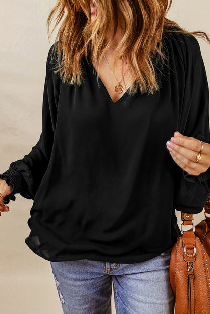 Pleated Puff Sleeve V-Neck Blouse