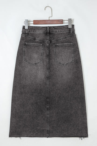 Denim Asymmetrical Distressed Midi Skirt