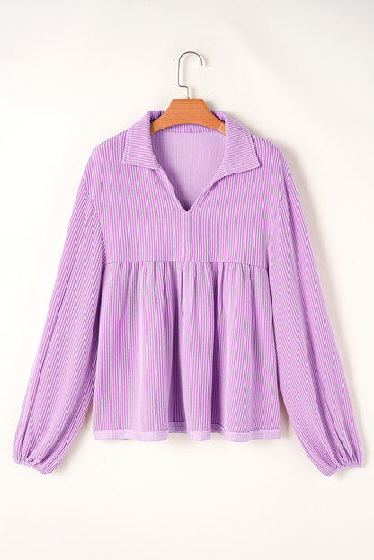 Corded V-Neck Bubble Sleeve Babydoll Blouse
