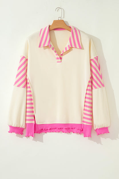 Plus Size Stripe Colorblock Collared Drop Shoulder Top