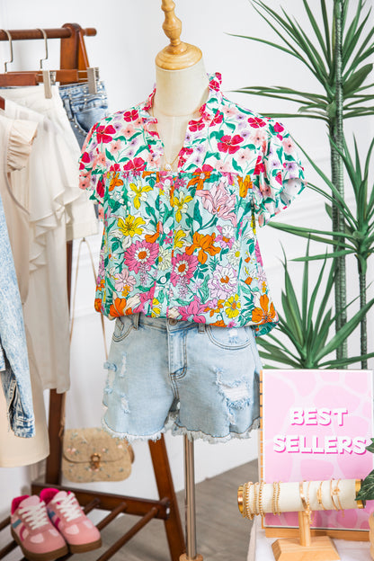 Floral Flutter Sleeve Split Neck Buttoned Blouse