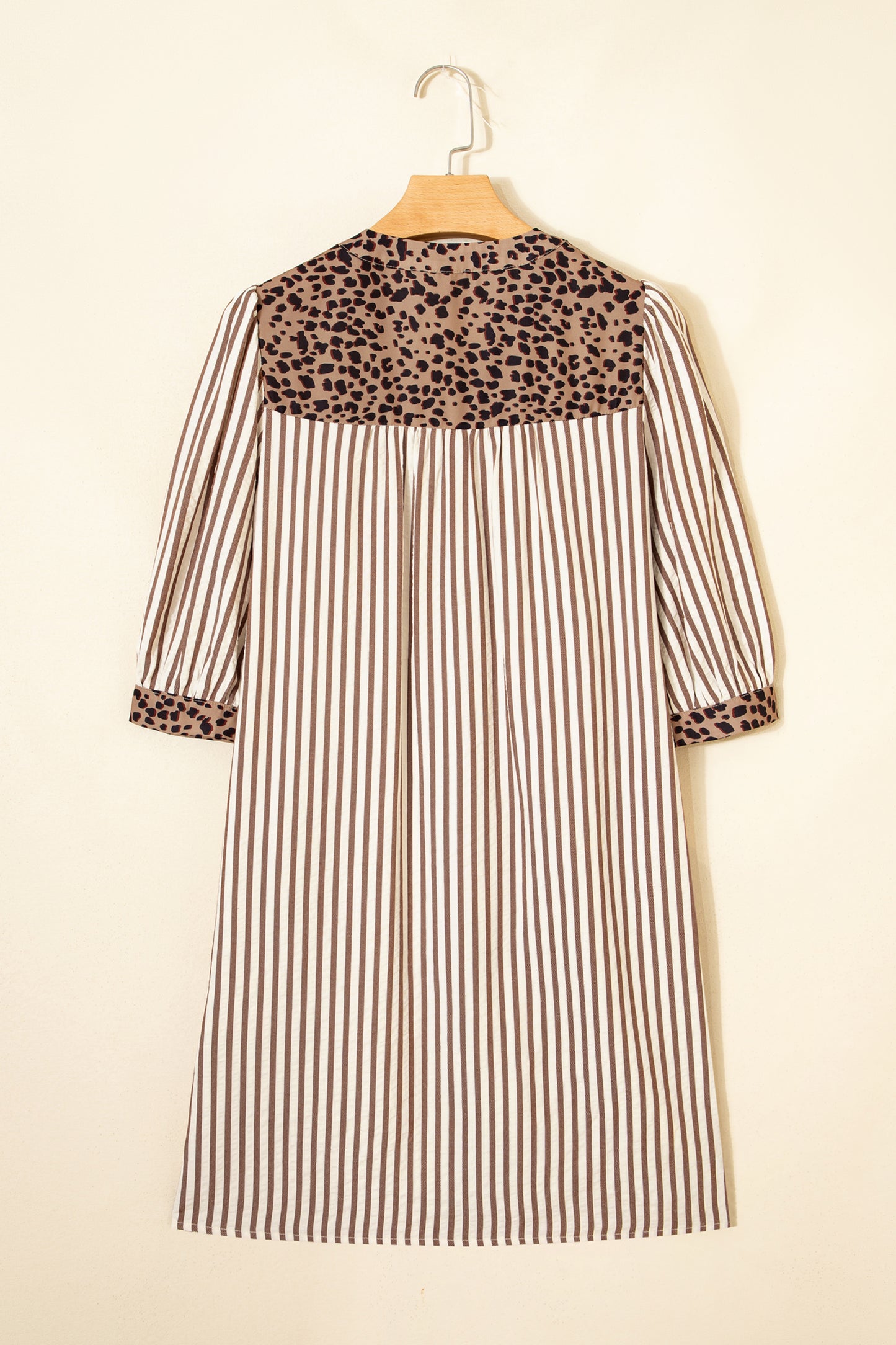 Stripe Leopard Trim 3/4 Sleeve Midi Shirt Dress