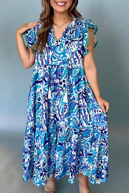 Abstract Ruffle Sleeve Maxi Dress Plus Size