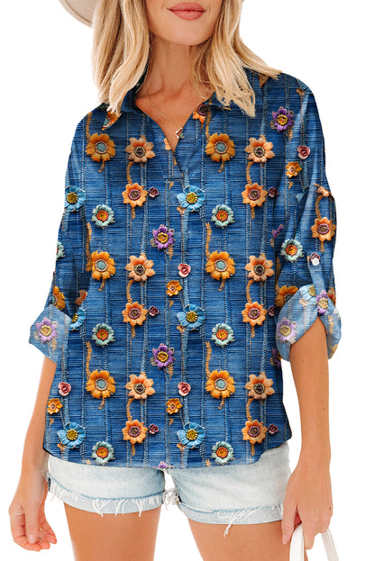 Floral Patchwork Long Sleeve Collared V-Neck Blouse