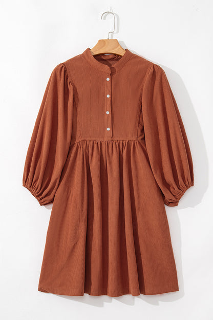 Solid Corduroy 3/4 Sleeve Snap Button Dress
