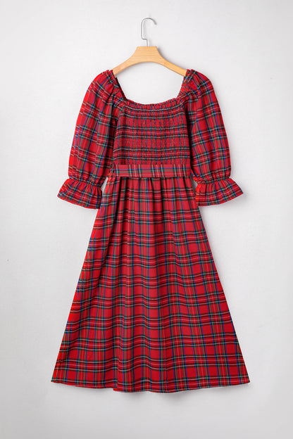 Plaid Square Neck Puff Sleeve Belted Midi Dress