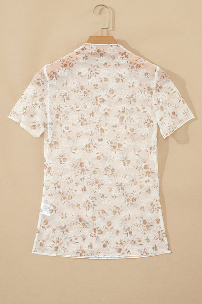 Floral Mesh Mock Neck Short Sleeve Top
