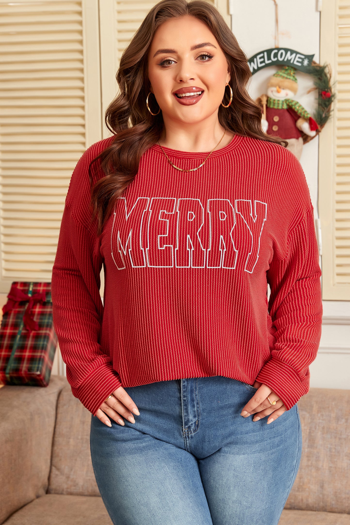 Plus Size Christmas MERRY Corded Knit Top