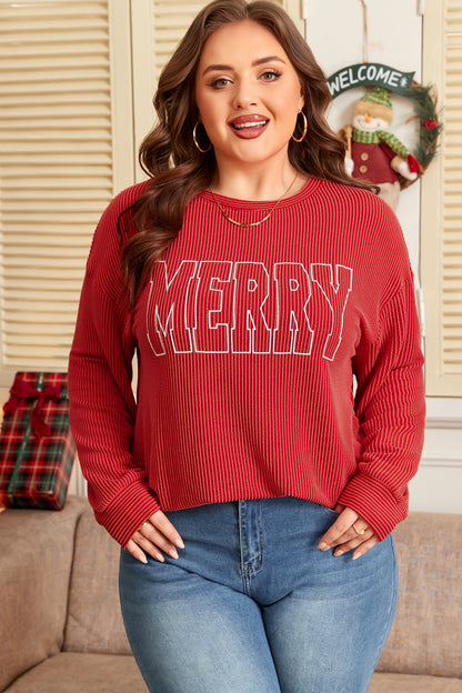 Plus Size Christmas MERRY Corded Knit Top
