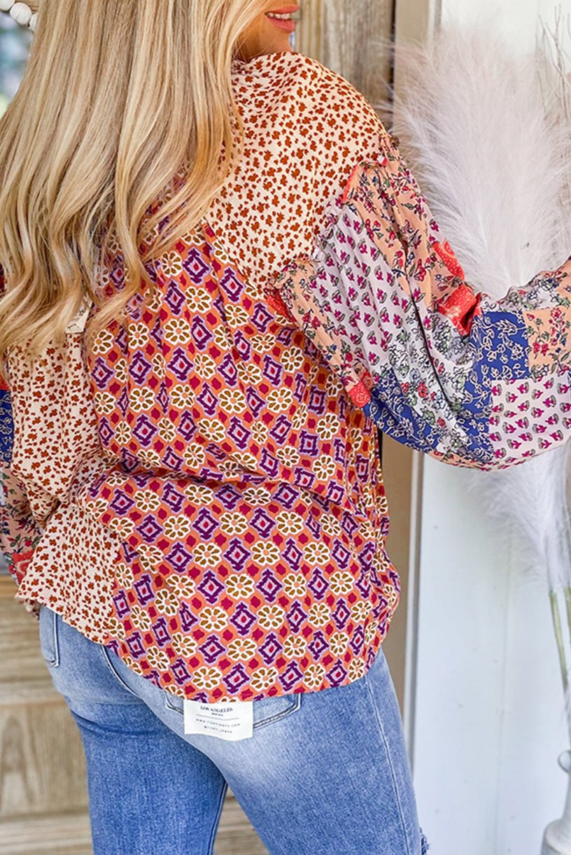 Floral Patchwork Tied V-Neck Blouse