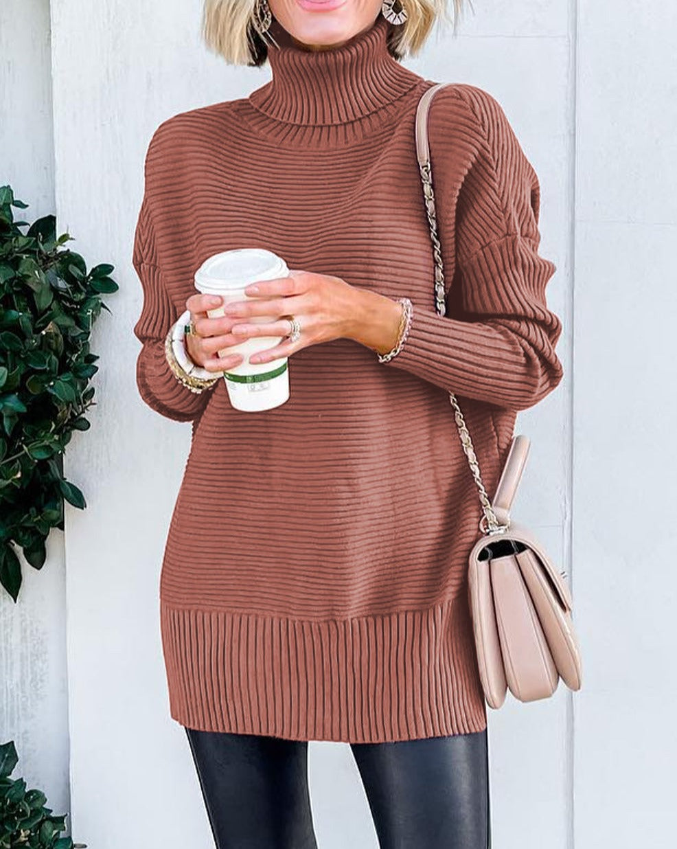 Ribbed Turtleneck Tunic Sweater