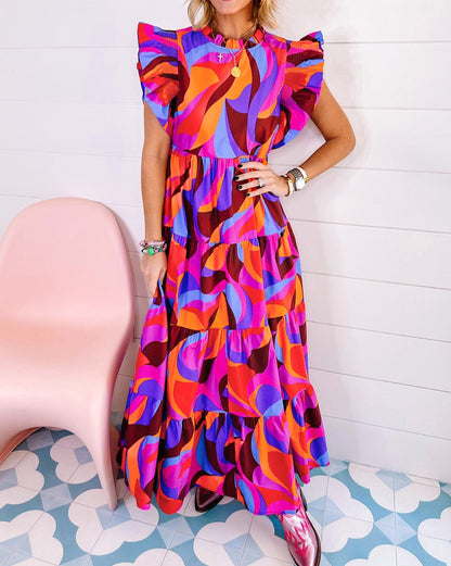 Abstract Ruffle Tiered Maxi Dress