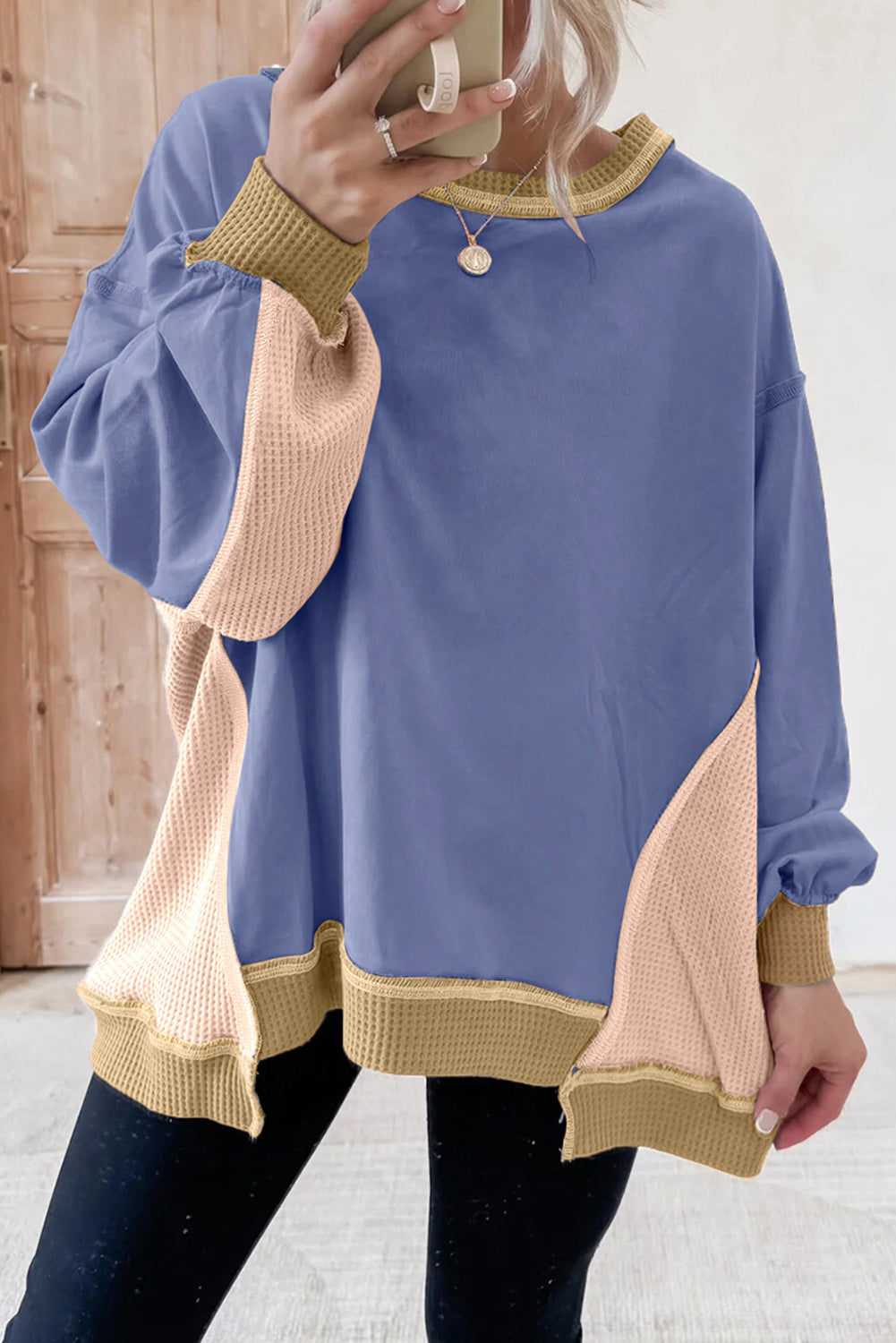 Colorblock Waffle Patchwork Oversize Sweatshirt