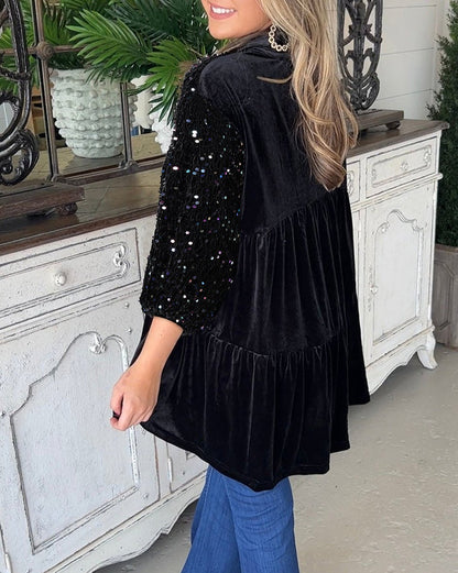 Sequin Buttoned Velvet Peplum Shirt