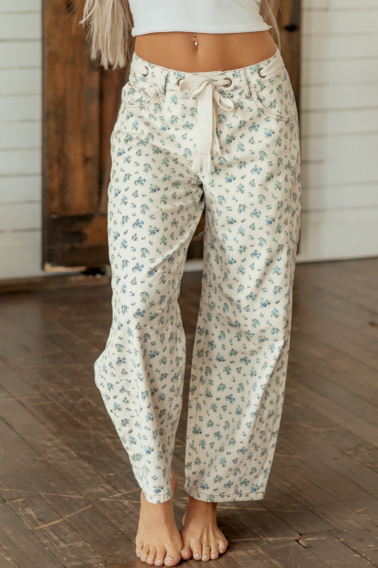 Floral Grommet Knot Waist Barrel Leg Jeans