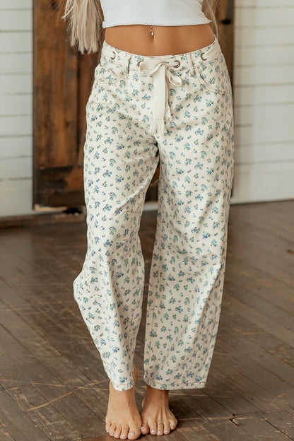 Floral Grommet Knot Waist Barrel Leg Jeans
