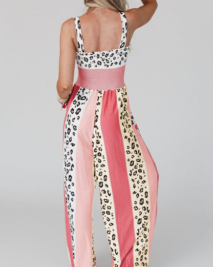 Leopard Color Block Pocketed Jumpsuit