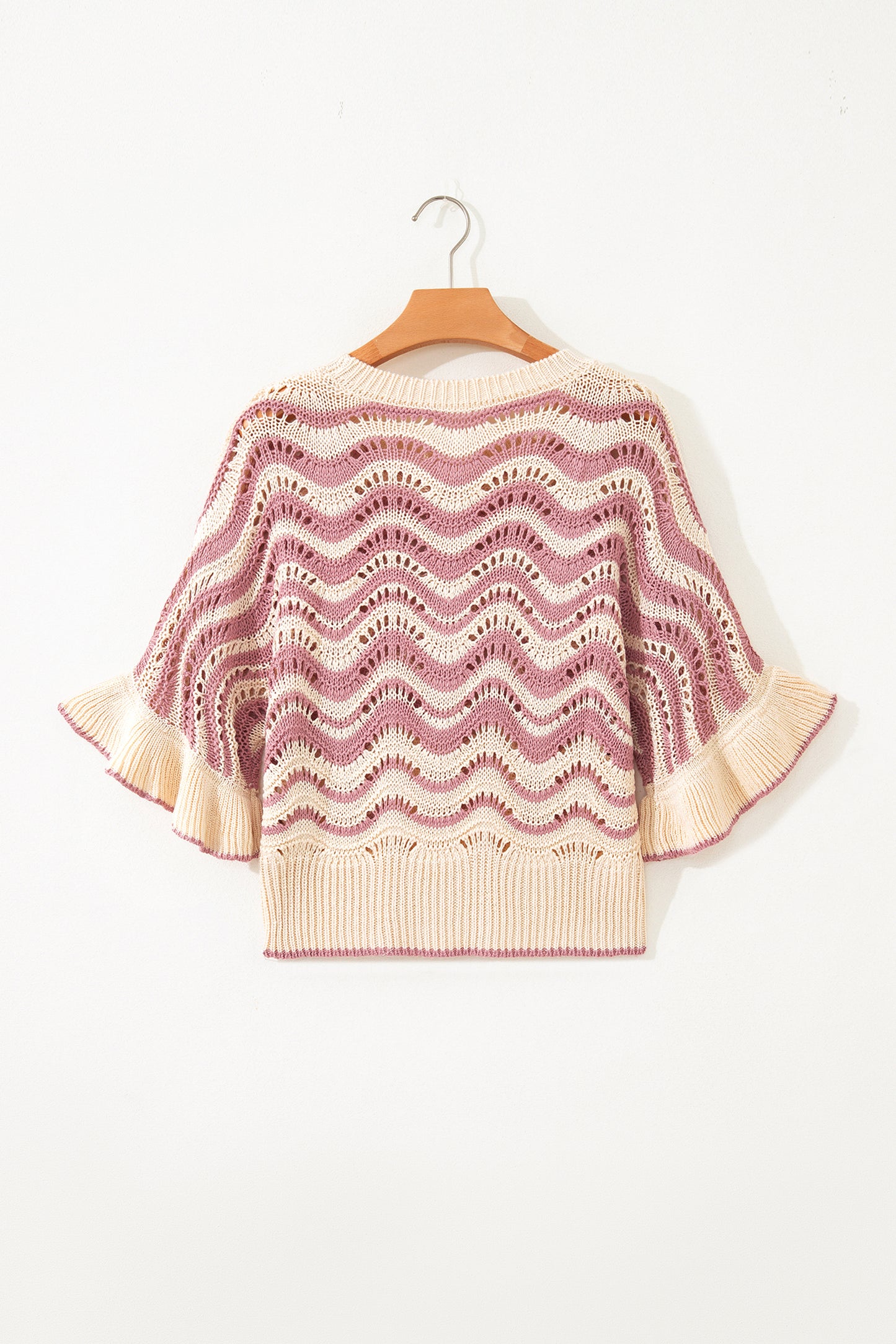 Wavy Stripe Ruffle 3/4 Sleeve Crochet Sweater