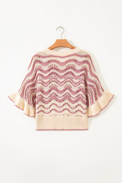 Wavy Stripe Ruffle 3/4 Sleeve Crochet Sweater