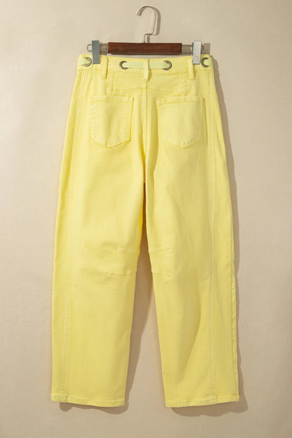 Solid Denim Grommet Tie Waist Barrel Leg Jeans