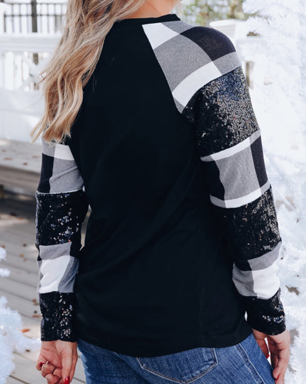 Sequin Plaid Patchwork Raglan Top