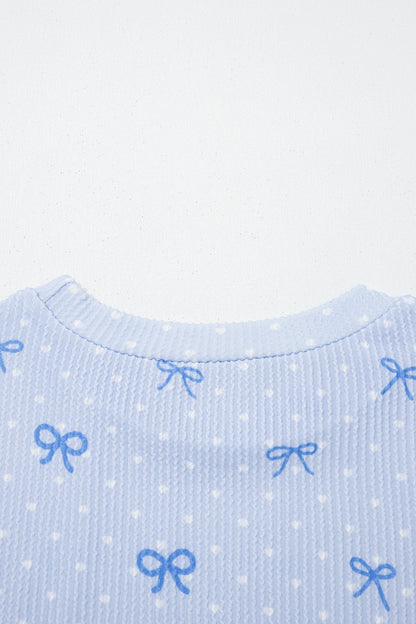 Polka Dot Bow Corded Knit Top and Shorts Set