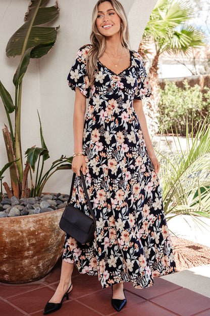 Floral Short Sleeve Smocked High Waist Maxi Dress