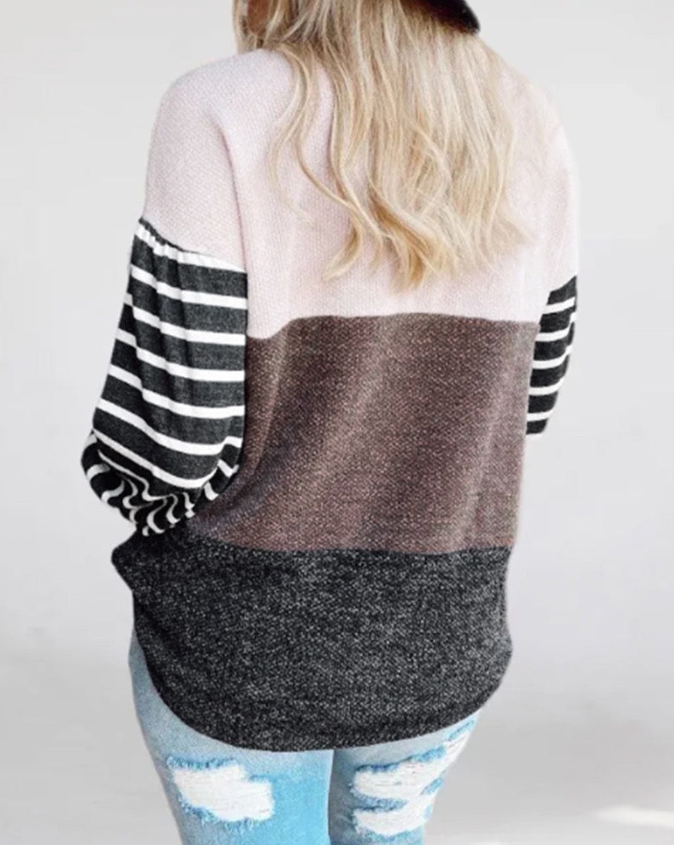 Colorblock Stripe Puff Sleeve Pullover