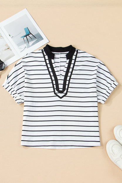 Stripe Stand Collar V-Neck Dolman Sleeve Top